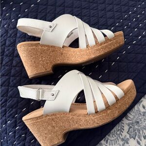 Clarks White Cork Wedge Slingback Sandals